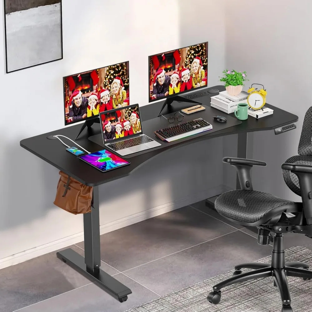 Adjustable Electric Standing Desk 63x24 Ergonomic Curved Desk with Outlet Lockable Feature for Enhanced Comfort