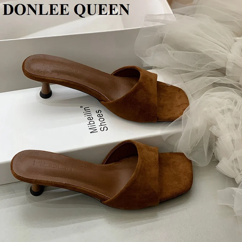 2026 New Fashion Thin Heels Slippers Women Female Slides Med Heel Brand Narrow Band Sandal Party Shoes  Sandalias De Las Mujeres