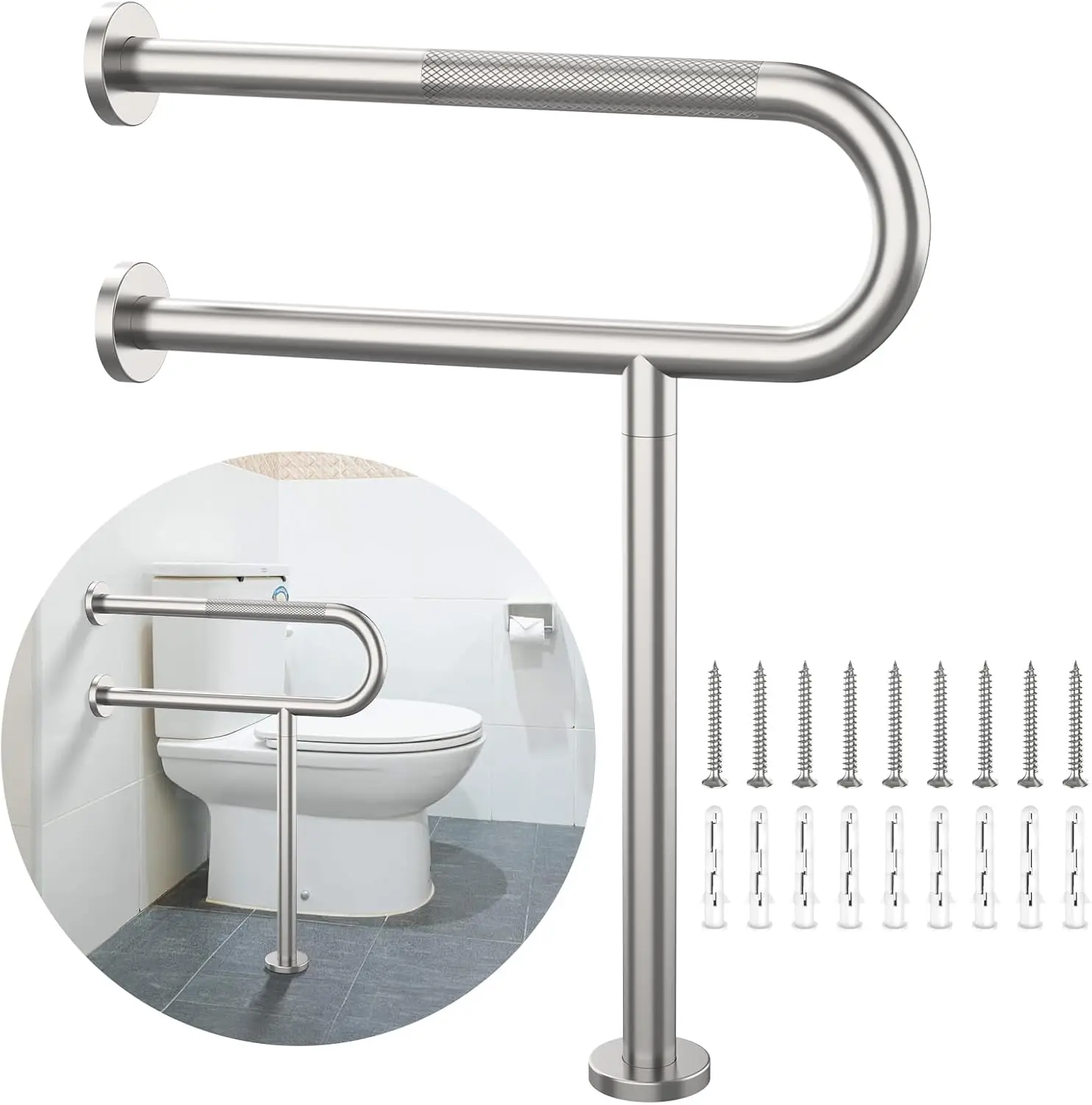 Stainless Steel Toilet Safety Rail with Anti-Slip Grip, 23.4x28 Inch Grab Bar for Elderly & Disabled Bathroom Support