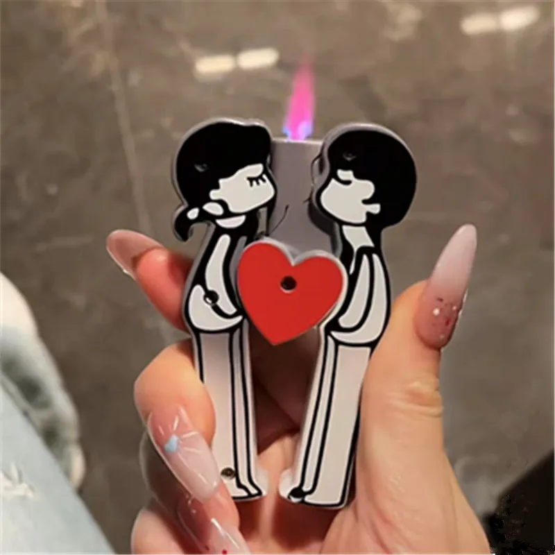 

New Romantic Kiss Cartoon Couple Love Fire Machine Gradient Pink Flame Windproof Inflatable Outdoor Portable Lighter Gift