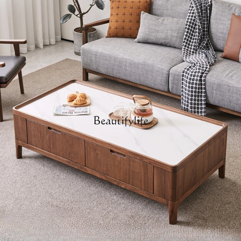 

Black Walnut Wooden Tea Table Simple Home Stone Plate Tea Table Nordic Living Room Furniture Pure Solid Wood