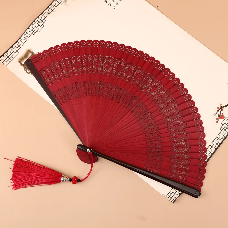 

Women's Portable Folding Fan Chinese Style Full Bamboo Fan Carved Hollow Japanese Style Tassel Manual Fan Portable Household Fan