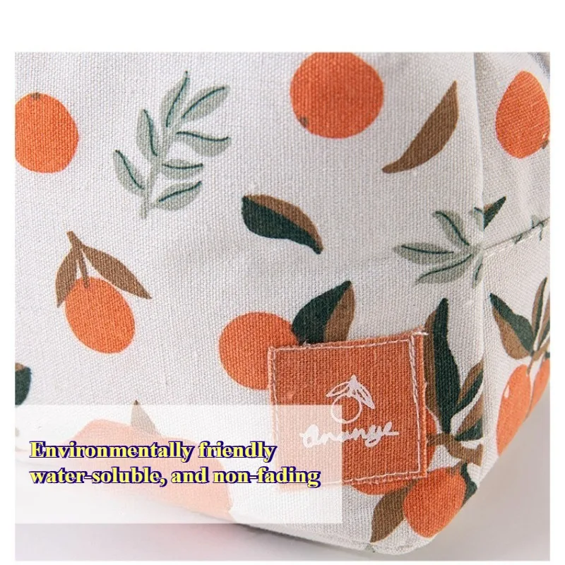 Niedliche Lunchtasche mit Fruchtprint für Frauen, isolierte Canvas-Lunch-Tasche mit Griffen, wiederverwendbare wasserdichte Lebensmittelbehältertasche für die Schule – Detail 5
