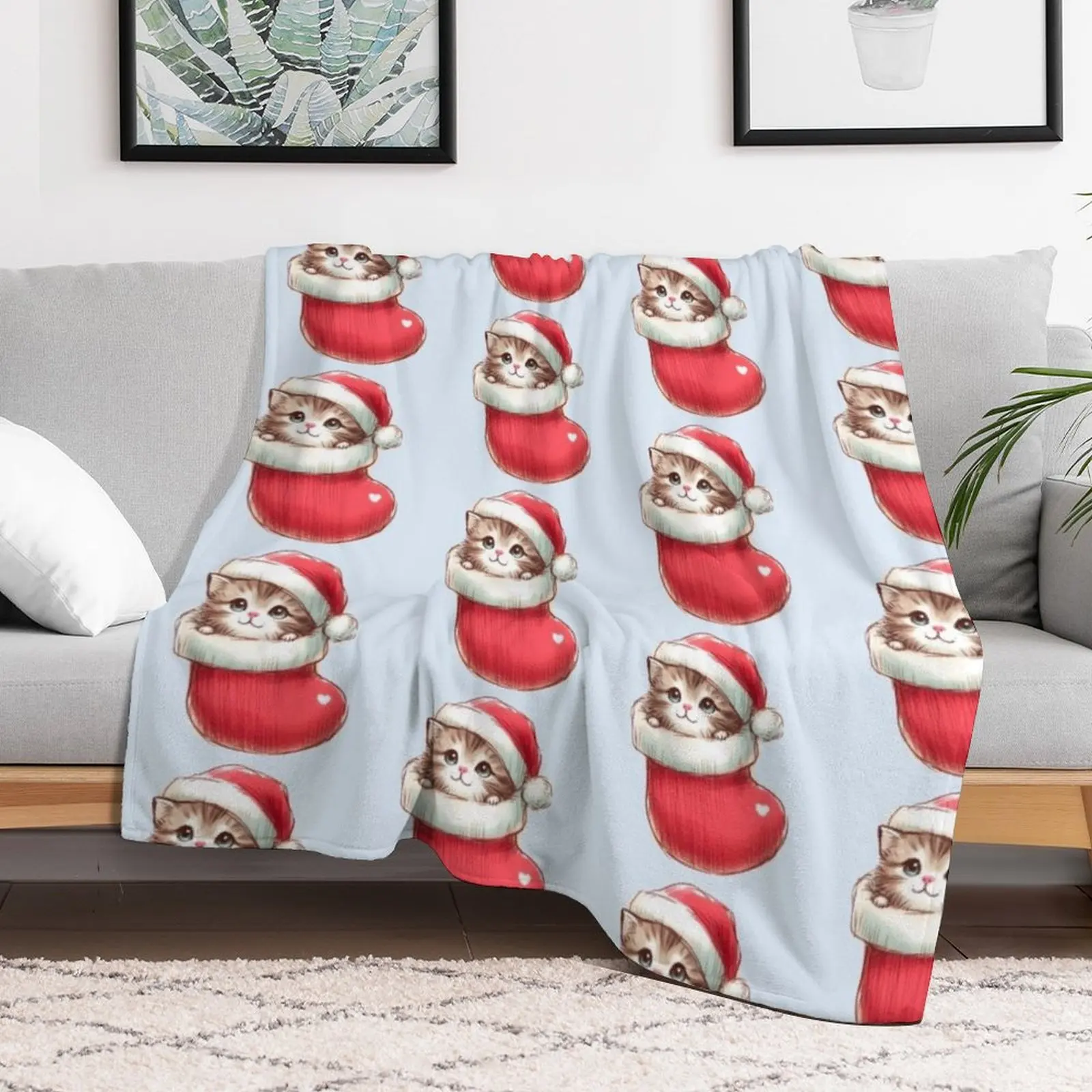 Kitten in a Christmas stocking wearing a Santa hat Throw Blanket Shaggy Blankets For Bed Large Flannel Blankets