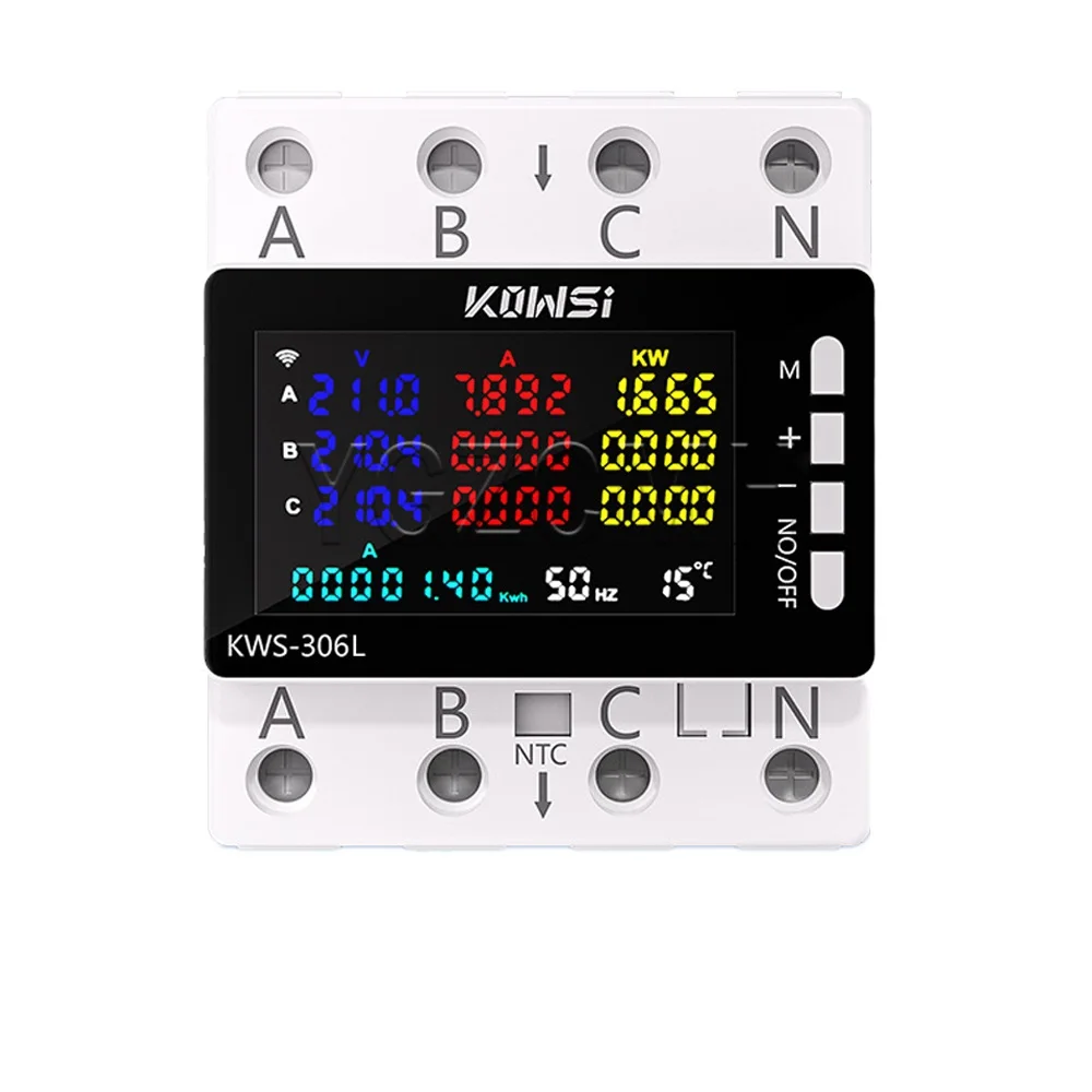 KWS-306 Tuya WiFi 3 Phase 4 Wire Power Meter AC85-290V Smart Home DIN Rail Digital Voltmeter Overvoltage Protection Switch