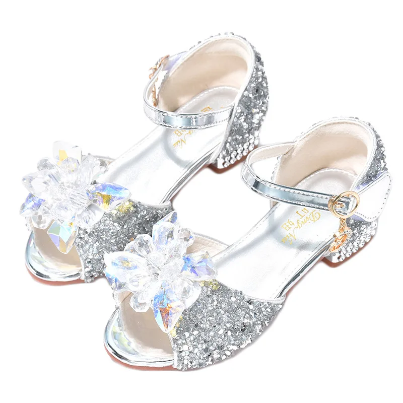 Sandalias con diamantes para niña, zapatos informales de princesa con flores, tacón alto, purpurina, suela suave, para fiesta y baile