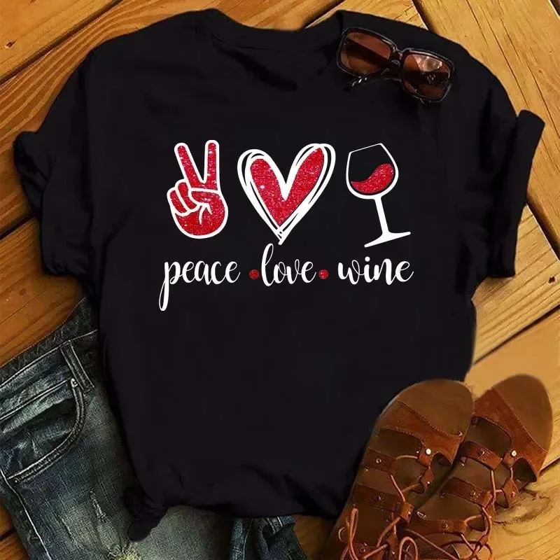 

Футболка с принтом вина Peace Love, Женская свободная футболка с коротким рукавом и круглым вырезом, летняя женская футболка, топы, одежда, женск...