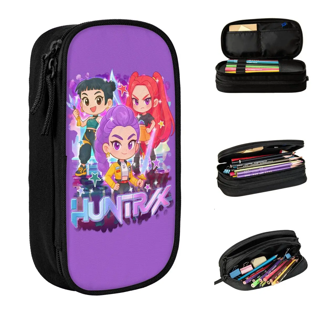 huntrix-kpop-demon-hunters-lapis-caso-ziper-bolsa-de-lapis-meninas-meninos-retro-grande-escola-lapis-casos-suprimentos