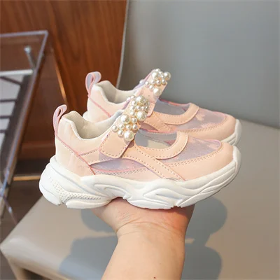 Boys Beige/pink Casual Shoes with Breathable Mesh and Pearls, Girls Spring and Autumn PU Outdoor Casual Shoes, Sizes 26-37