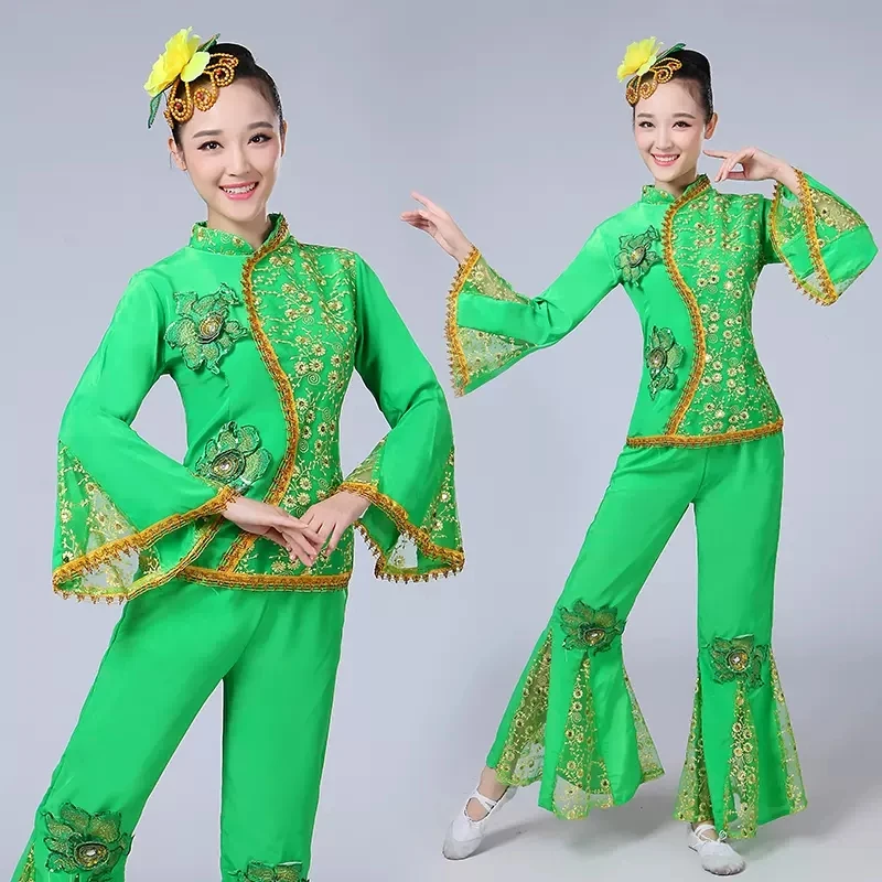 Oude Chinese Kostuum Vrouwen Folk Dans Leeuw Kostuum Voor Vrouw Hanfu Vrouwen Nieuwjaar Fan Yangko Podium Kleding Yangko Kostuum