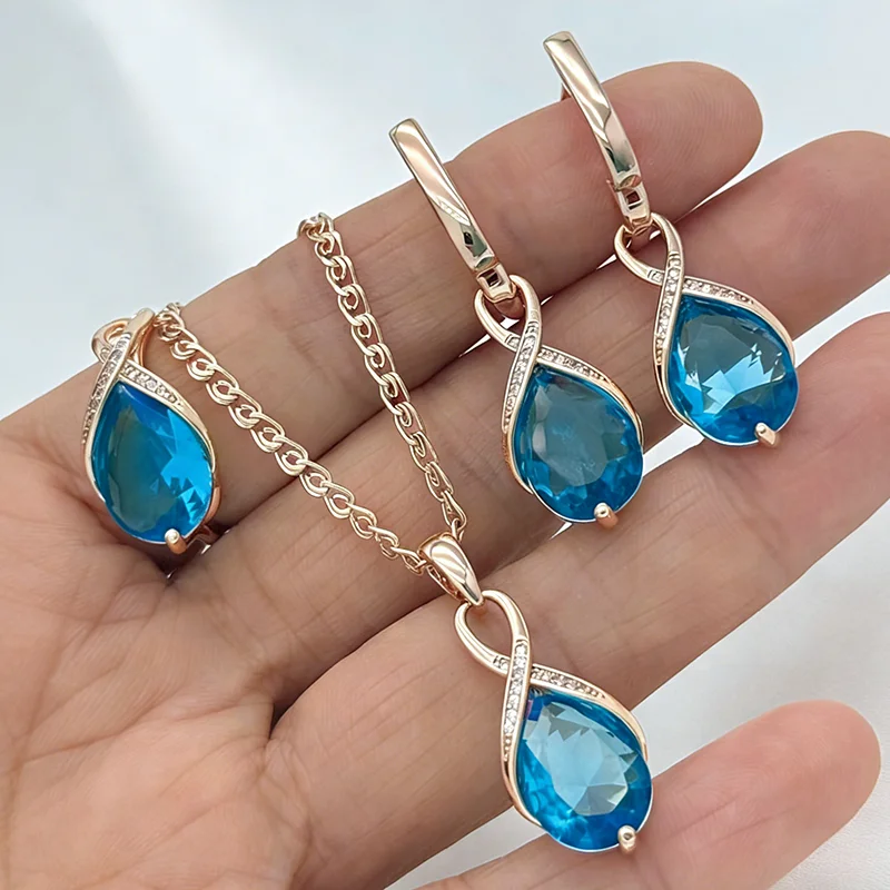 Kinel Hochglänzende Blaue Natürliche Zirkon-Schmucksets für Damen Mode 585 Roségold-Farbene Ringe Ohrringe Halskette Täglicher Edel-Schmuck