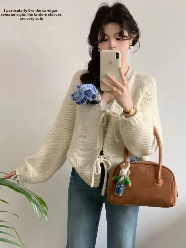 한국 스타일 봄 가을 귀여운 랜턴 소매 니트웨어 아우터웨어 부드러운 스타일 스웨터 코트 긴 소매 브이넥 벨트 레귤러 길이