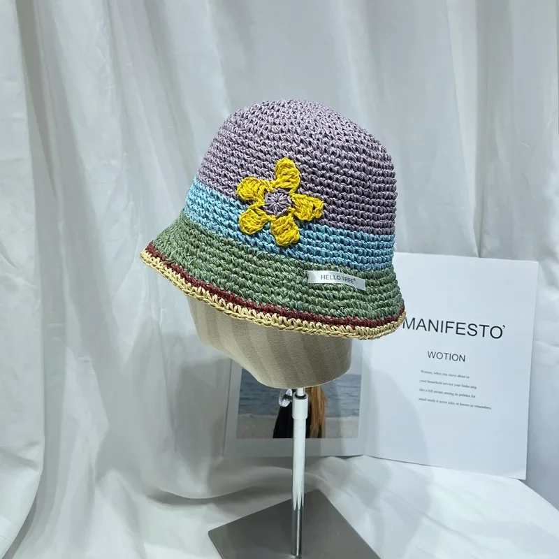 

Niche Design Flower Straw Caps for Women Summer Travel Versatile Fashion Contrast Color Show Face Small Sunscreen Bucket Hats