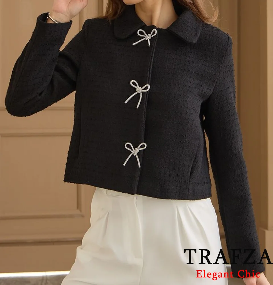 TRAFZA Women Bow Tie Jacket Buttons Textured Commuter Versatile Slim Jacket New 2024 Spring Autumn Fashion Sweet Jacket