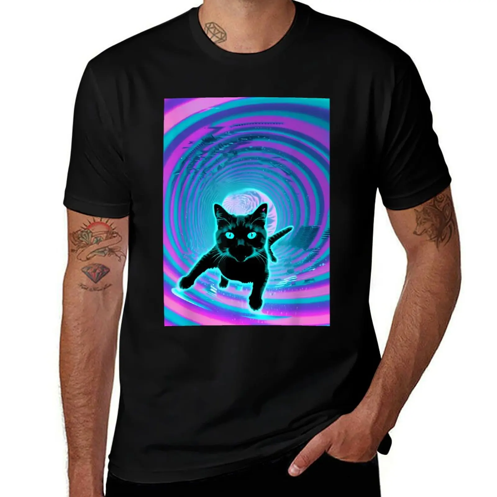 Trippy Glitch Weirdcore Cat Vortex Surfing Vaporwave T-Shirt Functional Casual Short Sleeve Tee T-Shirt