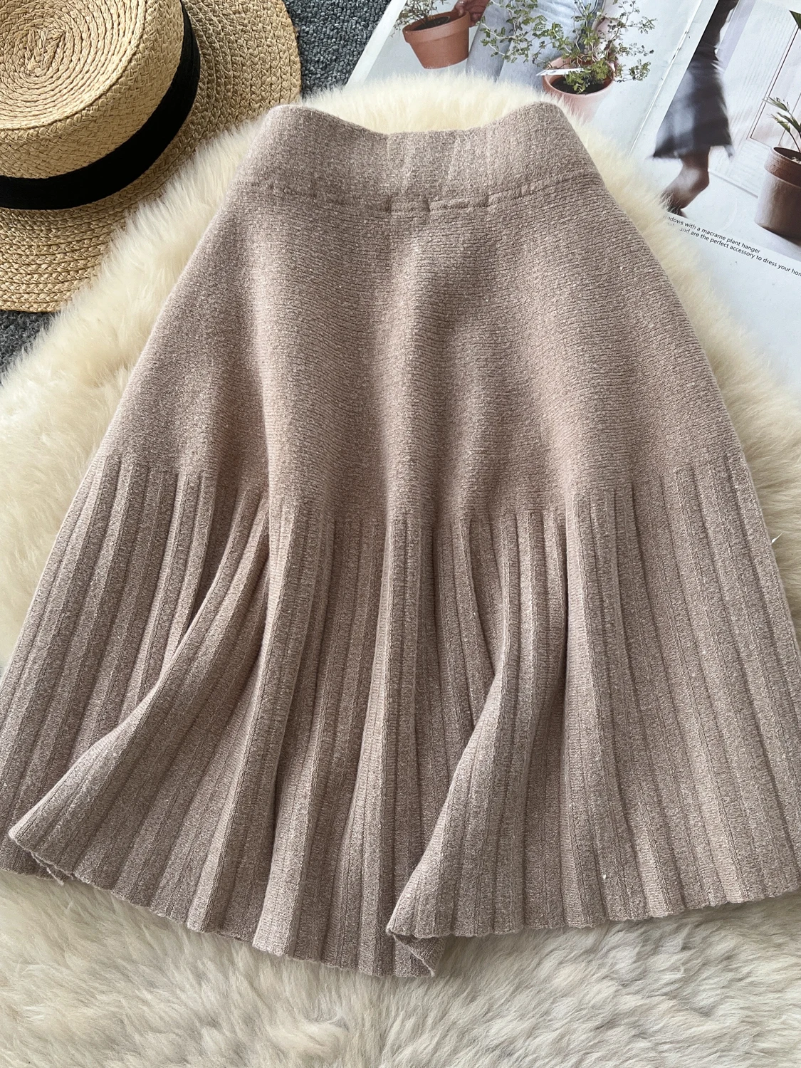 Korean Style High Waist A-Line Pleated Knit Skirt Women's Elastic Waist Patchwork  Skirt Anti-Aging Small Size Autumn