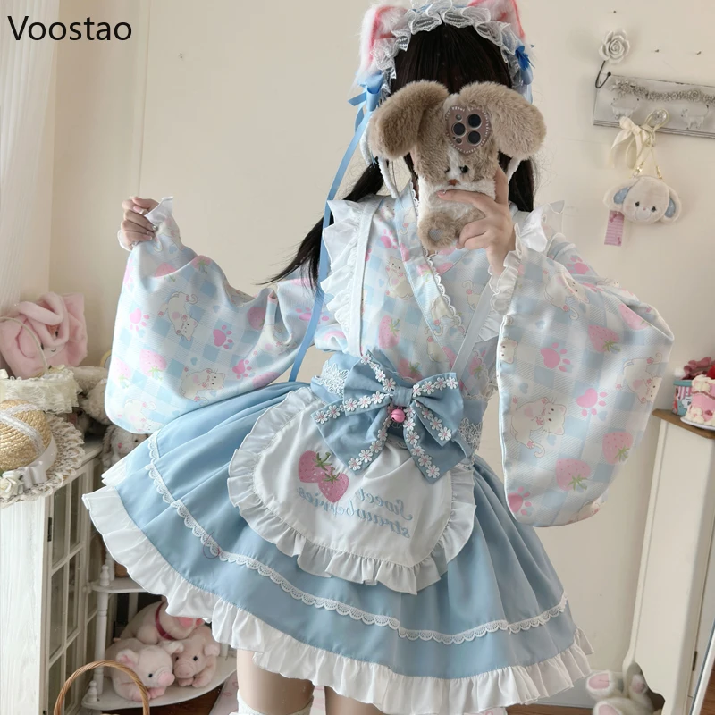 Vestido de Kimono de Lolita para mujer, delantal con lazo y estampado de gato de fresa Kawaii, disfraz de mucama, vestido de espectáculo de animación para niñas, dulce japonés