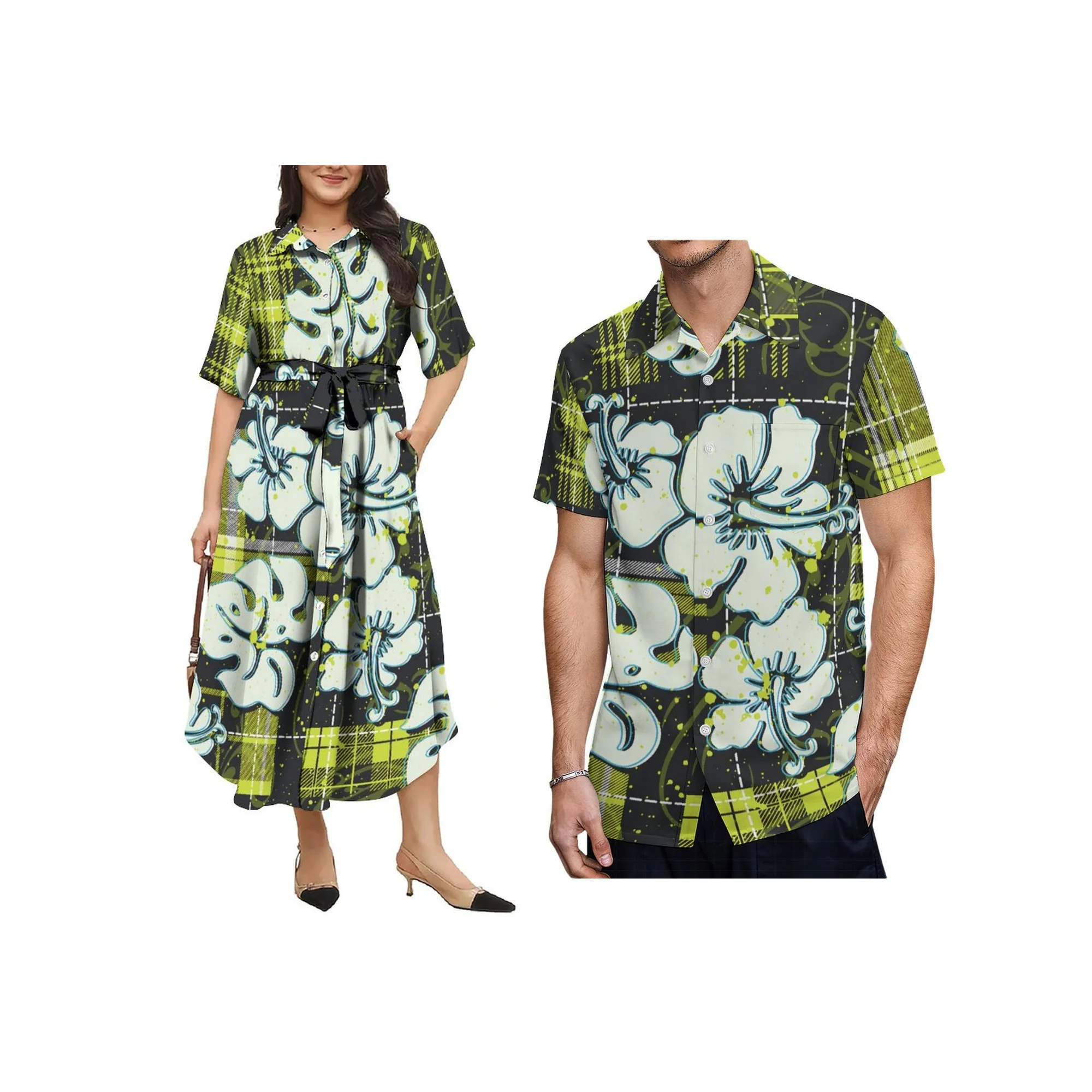 Neue benutzerdefinierte Frauen Lace Up Button Shirts Taschenkleid passendes samoanisches polyenisches Design Big People Aloha Männer Kurzarmshirt