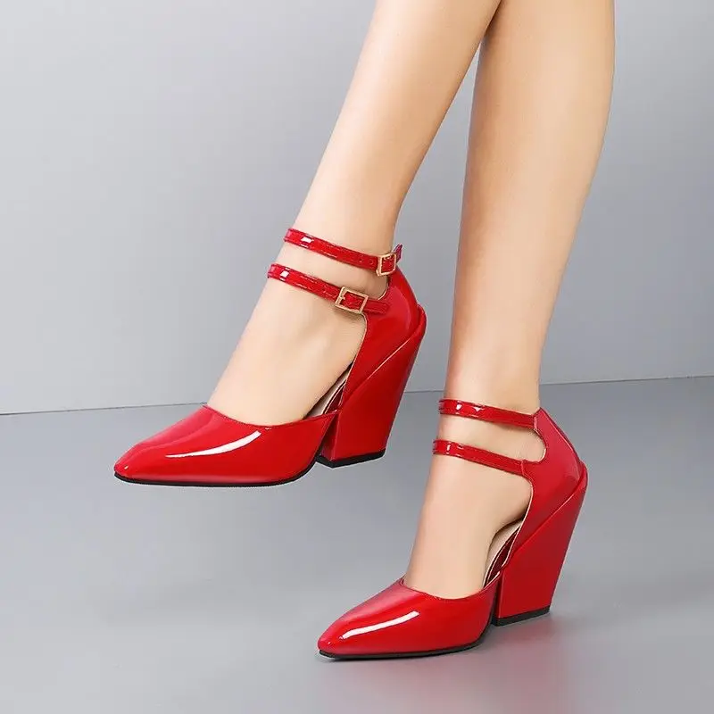 

FHC 2024 Spring Leather Wedges High Heels,Women Pumps,Sexy Shallow Mary Shoes,11cm,Ankle Buckles Straps,Red,Black,White,Dropship