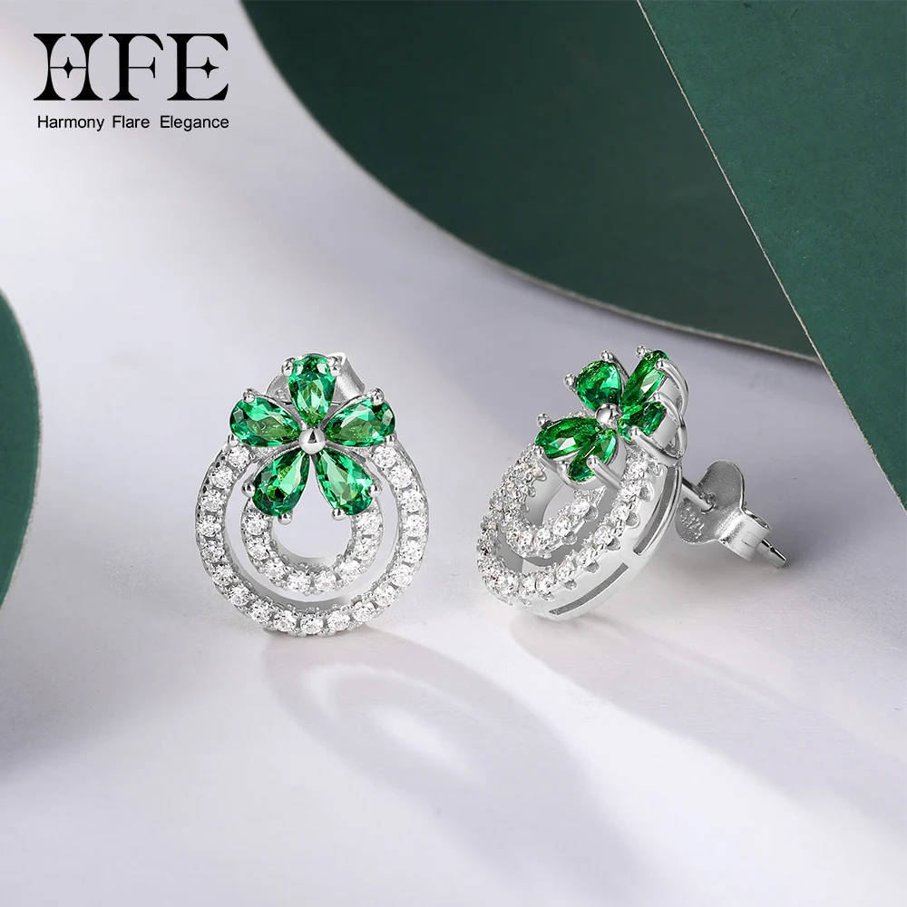 HFE S925 Sterling Silver Flower Earrings Lab Grown Emerald & Moissanite Double Hoop Earrings for Women Wedding Fine Jewelry Gift