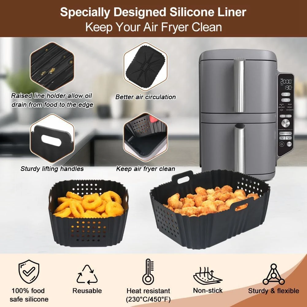 

TCF-Air Fryer Liners For Ninja SL401 Double Stack 2 Basket Air Fryer Reusable Rectangle Perforated Silicone Liners