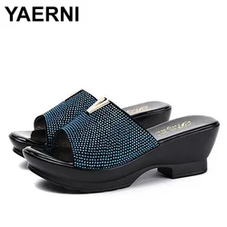 YAERNI Diamond rhinestone genuine leather summer shoes fashion mother outdoor sandals women big size 40-42 Cool slippers