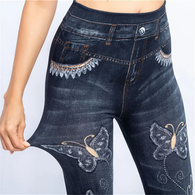 LJCUIYAO Push Up Seamless High Waist Jeans Leggings Women Autumn Elastic Jeggings Denim Pants Butterfly Printing Pattern Bottom