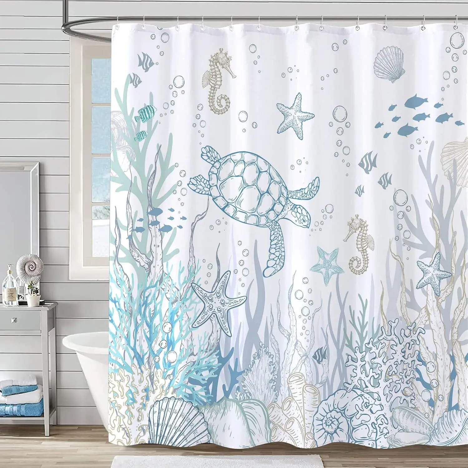 Nautical Coastal Turtle Shower Curtain, Coral Starfish Seashell Ocean Themed Bathroom Curtain, Underwater Seahorse Bathr