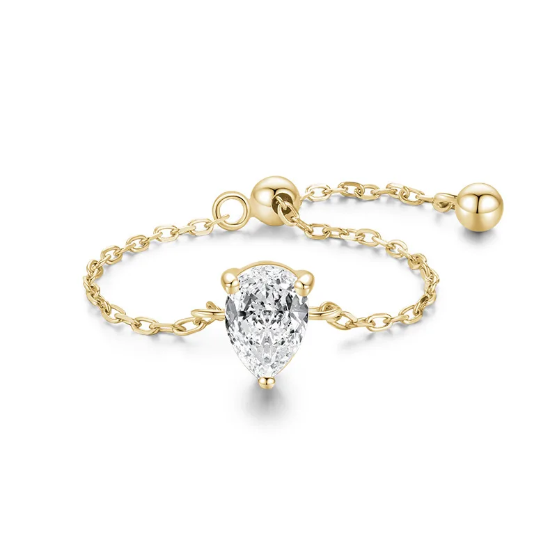 الأزياء والمجوهرات 925 الفضة الاسترليني مطلية بالذهب خواتم قابل للتعديل سلسلة البنصر مع حجر الكمثرى #1