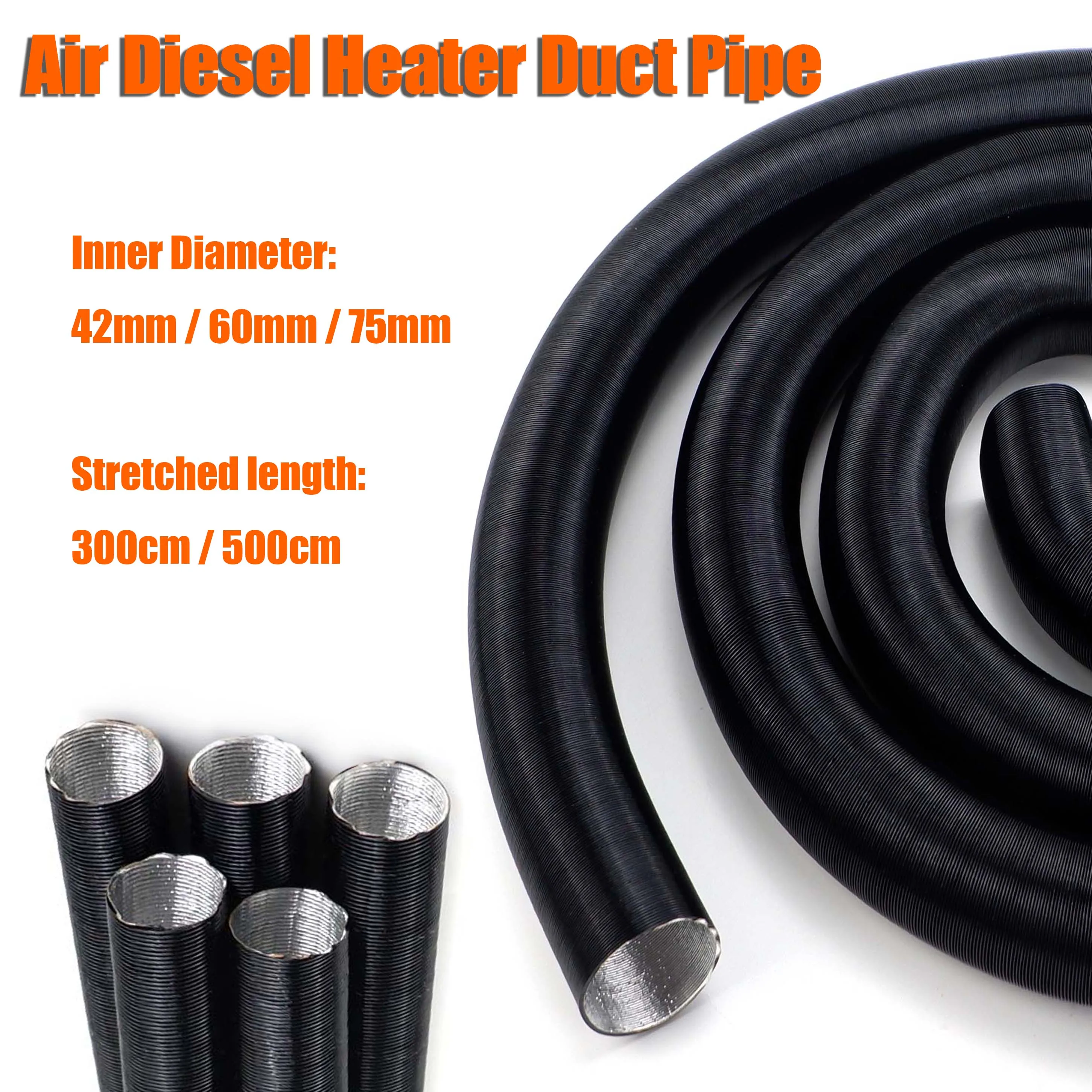 42mm 60mm 75mm Inner Diameter Stretched length 300cm 500cm Air Diesel Heater Duct Pipe Tube Hose For Car Camper Truck Caravan