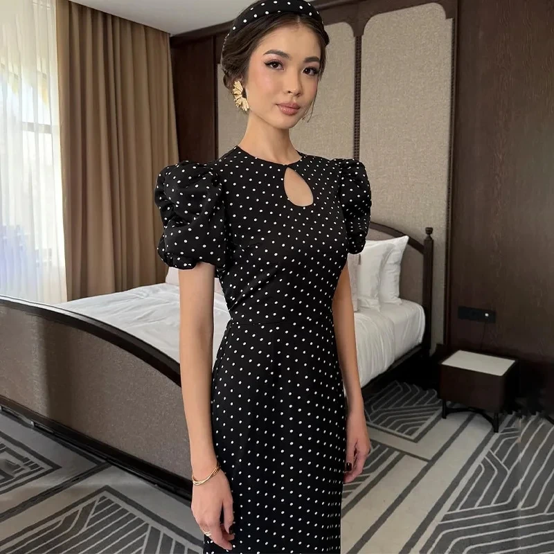 2026 New Women Fashion Elegant Solid Color Short Sleeve Round Neck Polka Dot Puff Sleeve Bodycon  Long Dress Temperament
