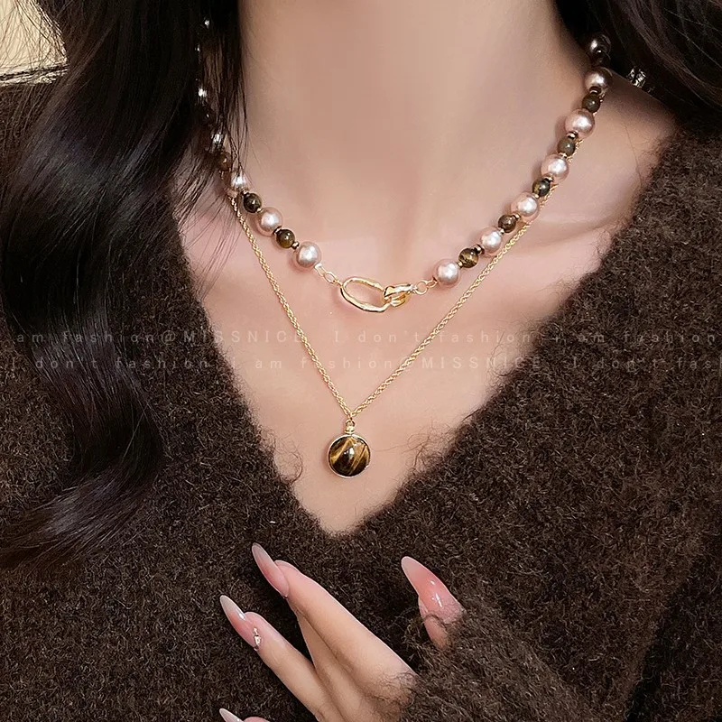 Tiger Eye Gold Brown Pearl Necklace Stackable Retro Elegant Handmade Natural Stone 6mm Beads  Choker Daily Accessory