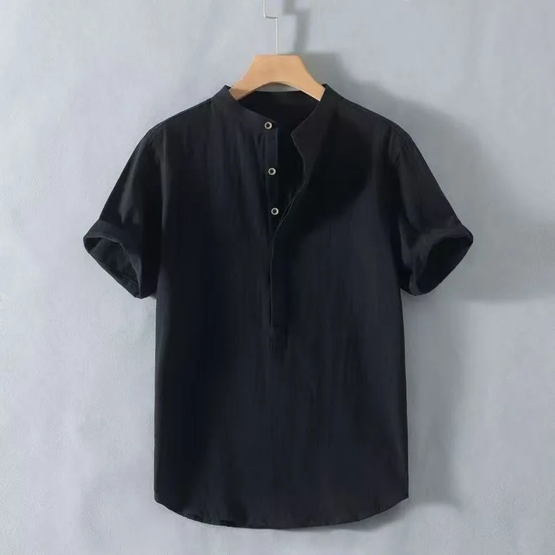 Cotton Linen Short Sleeve T-Shirt Men's  Color Retro Casual Thin Summer Breathable Comfortable Half Sleeve Shirt