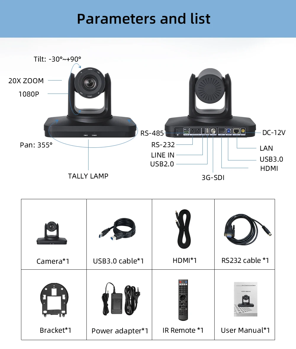 كاميرا مؤتمرات الفيديو JJTS HD43DA HD 1680P، زووم بصري 20X، تتبع AI، تأطير تلقائي