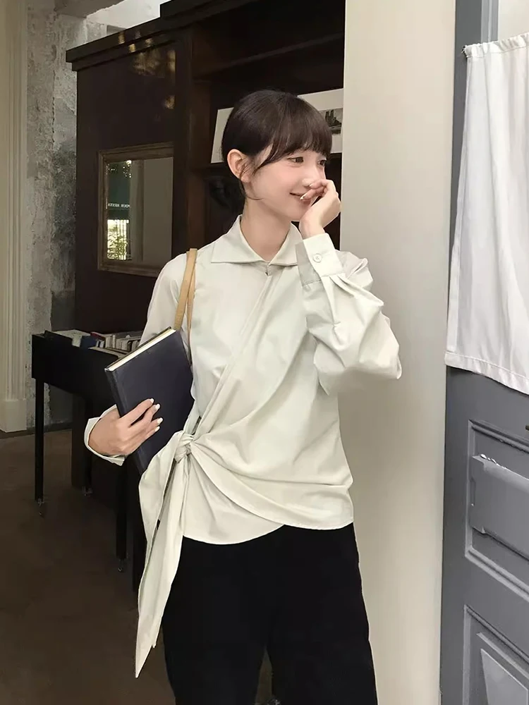 

Ele Autumn New Sle Women's Long Sve irt Cross Tie Design Versatile Slimming Korean Sle Commute Faion