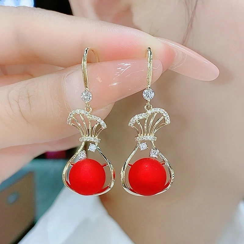 

1Pair New Fashion Oversized Red White Pearl Drop Earrings for Women Hollow Vase Shape Zircon Wedding Earrings Jewelry Gift