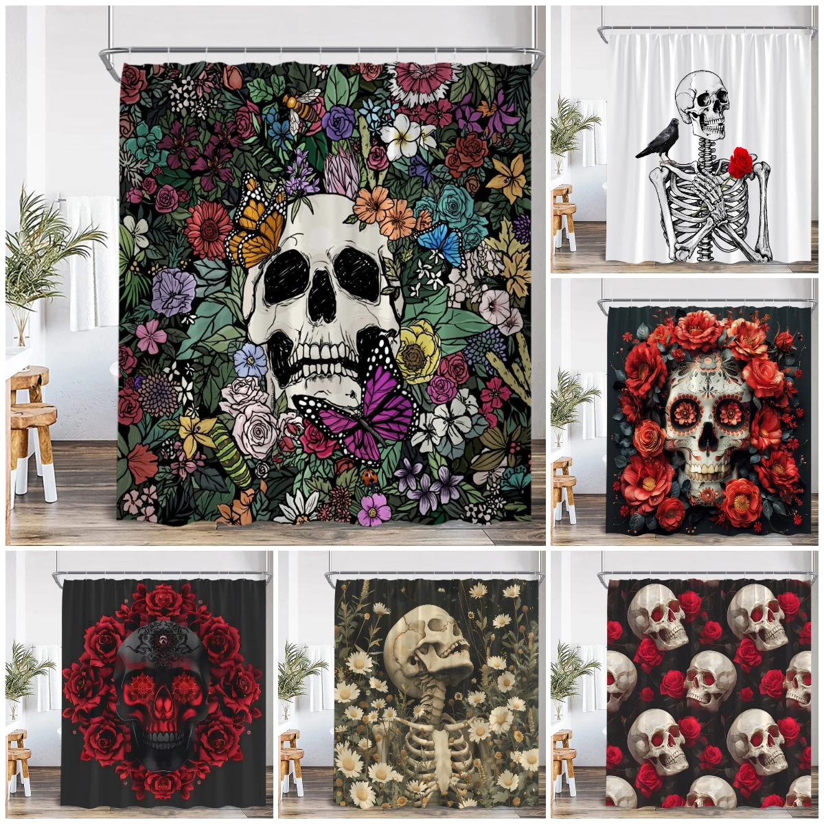 

Skull Halloween Shower Curtain Happy Halloween Funny Skeleton Rose Floral Bathroom Decor Polyester Fabric Bath Curtain with Hook