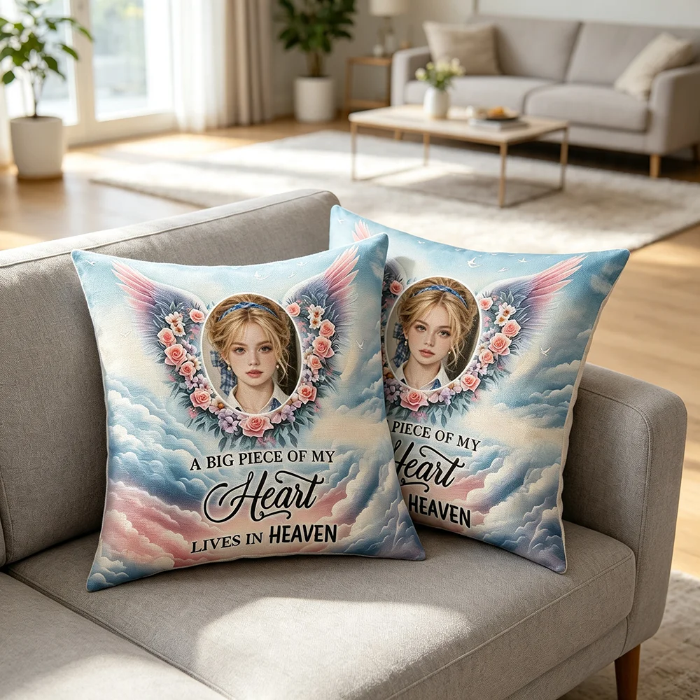 1PC Custom Memorial Angel Wings Pillow Cover Personalized Photo Heaven Heart Rose Cloud Cushion Case Sympathy Gift Bedroom Decor