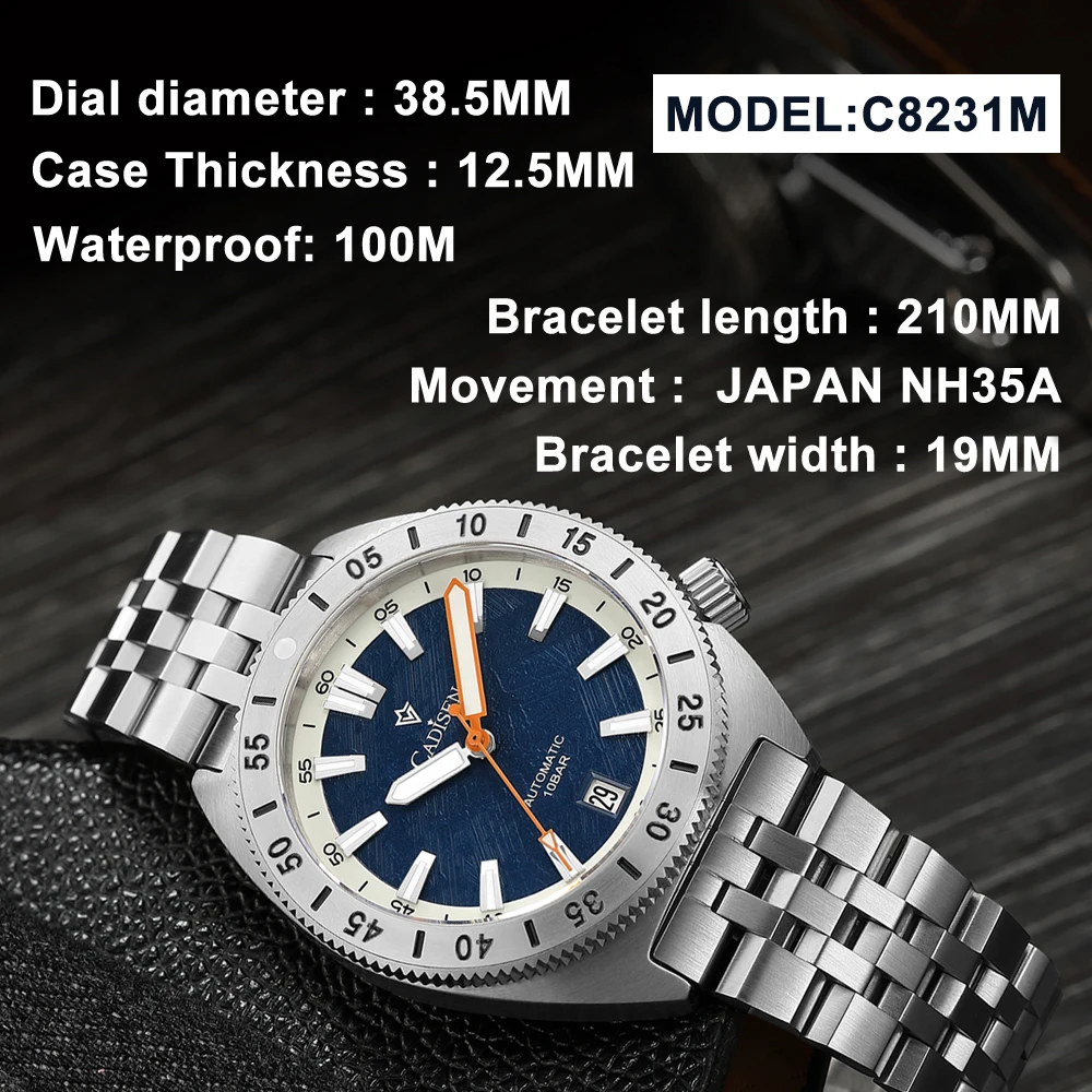 CADISEN Luxury Mens Automatic Watch Japan NH35A Movt Screw Crown Sapphire Crystal100M Waterproof Luminous Mechanical Wristwatch