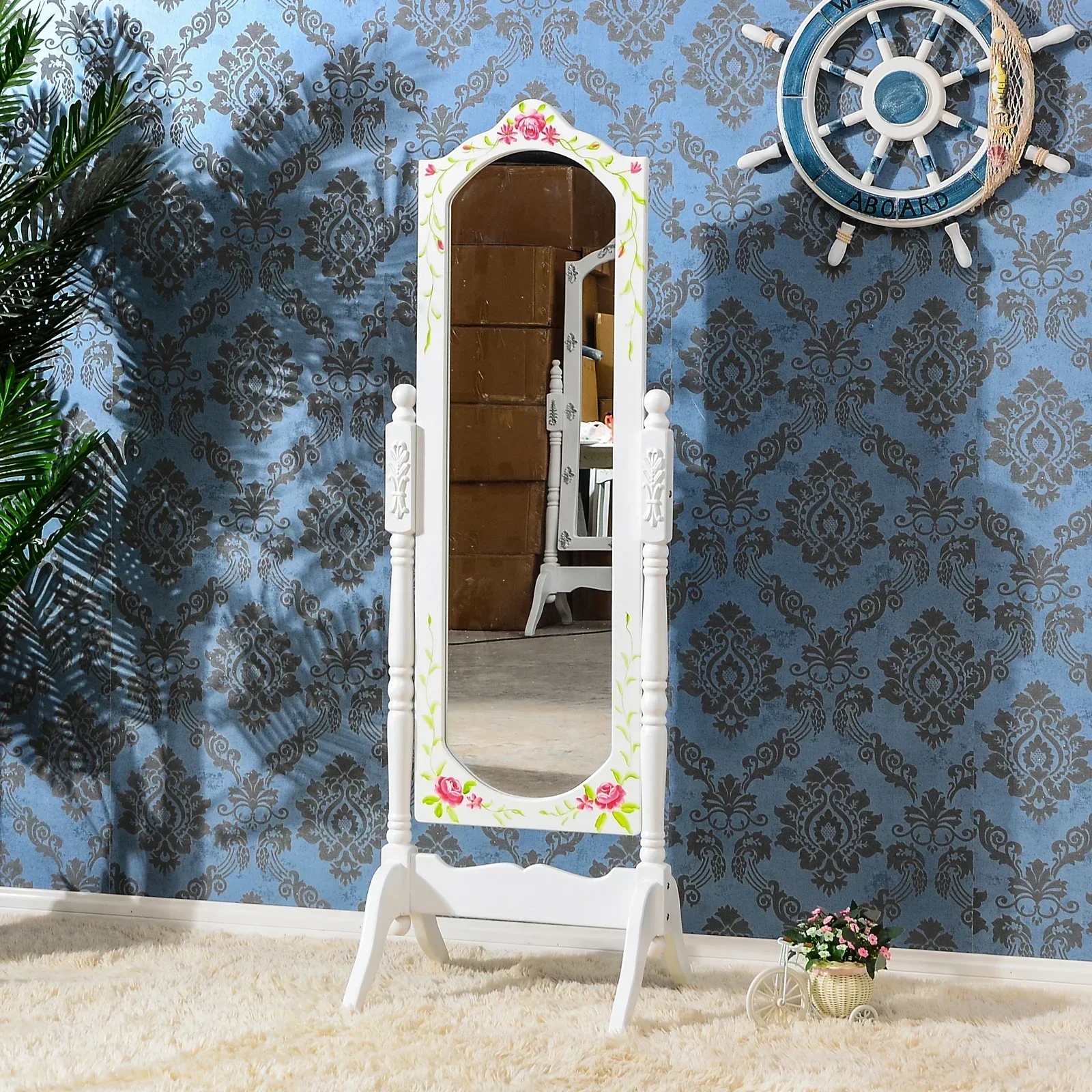 zx1European pastoral princess mirror bedroom white,floor-to-ceiling rotating square fitting mirror clothing store fulllength mir