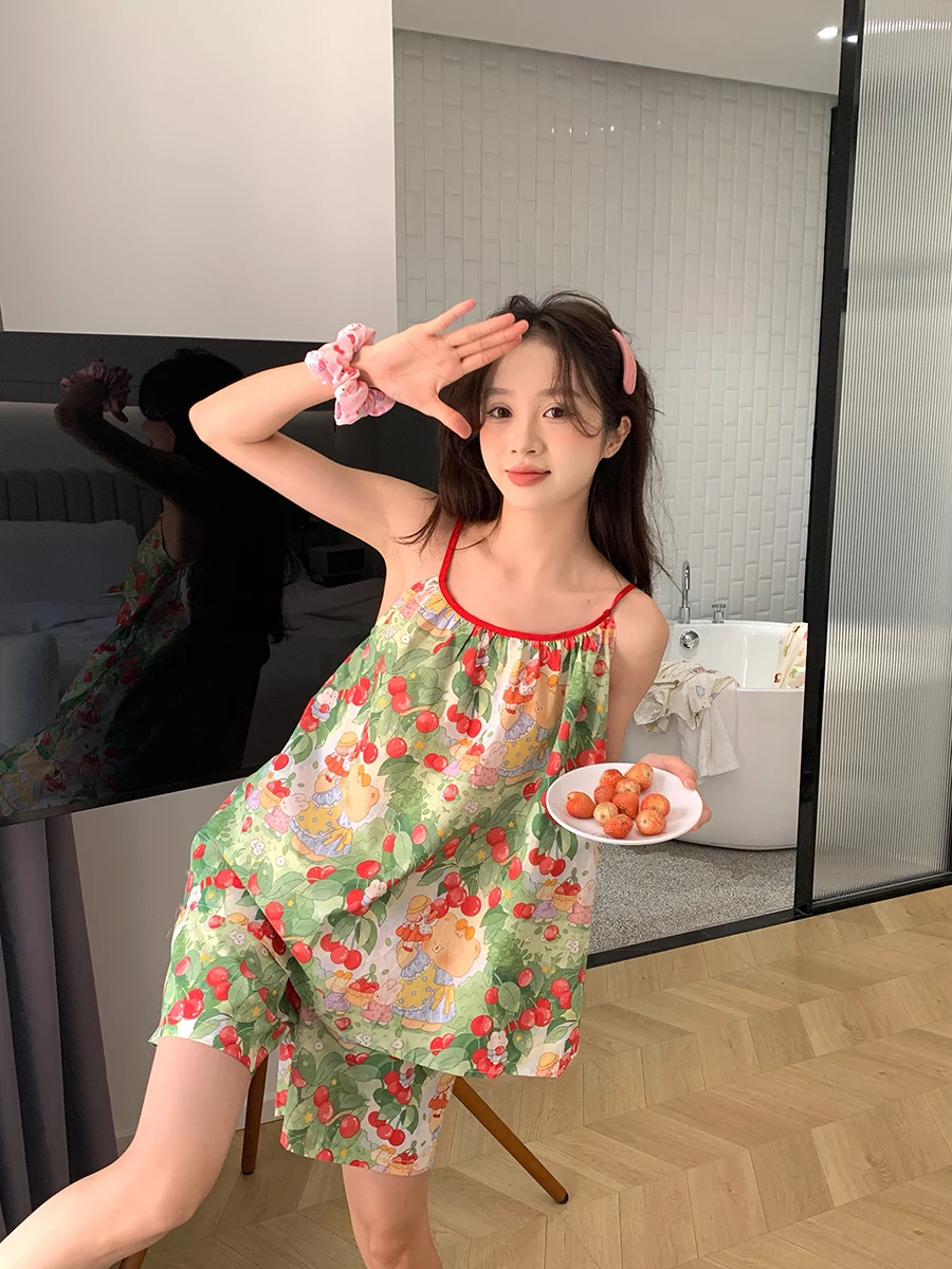 

2025 New Women's Summer Nightgown Cotton Gauzy Bear Print Gown Home Clothes Set Sweet Cute Countryside Sle ort Sve