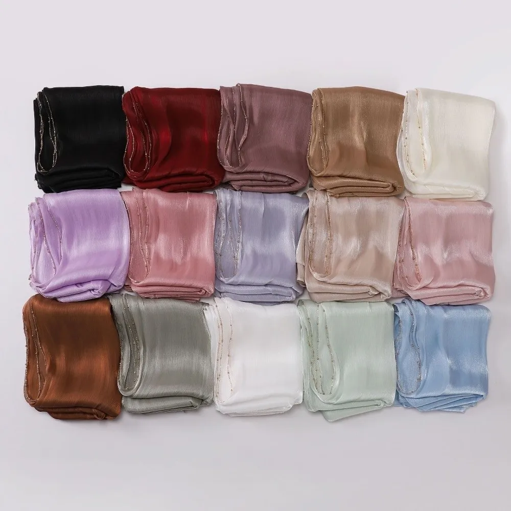 High Qulaity Solid Color Silk Scarf Shining Unilateral golden chain Chiffon Hijab Veil Long Chiffon Sunscreen shawl Outdoor view 3