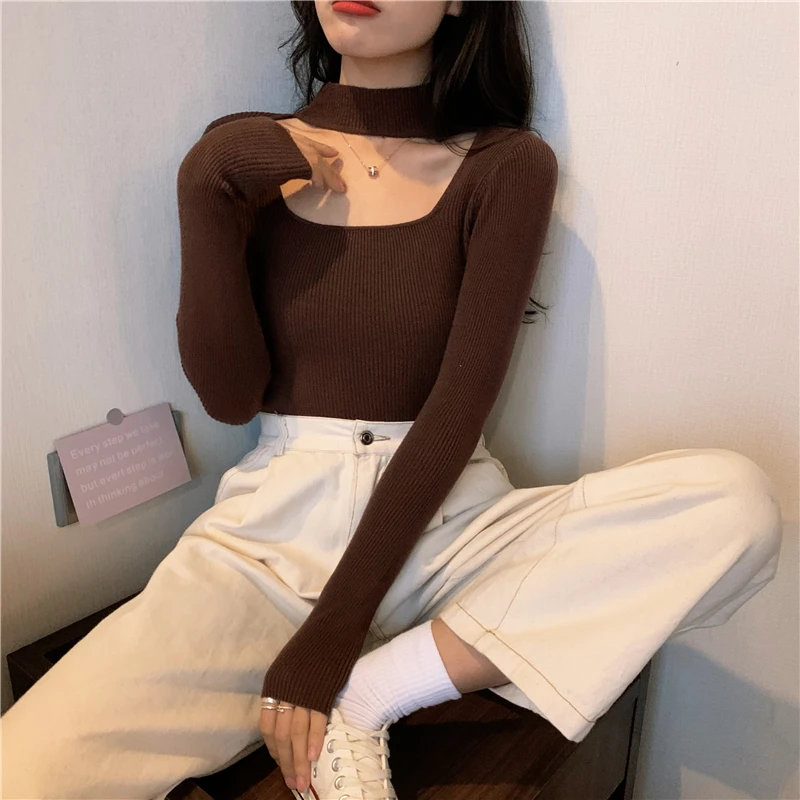 Long Sleeve T-shirts Women Halter Knitted Spring Design Fashion Retro Slim Sexy Popular Tops 8 Colors Leisure Simple Cozy Femme