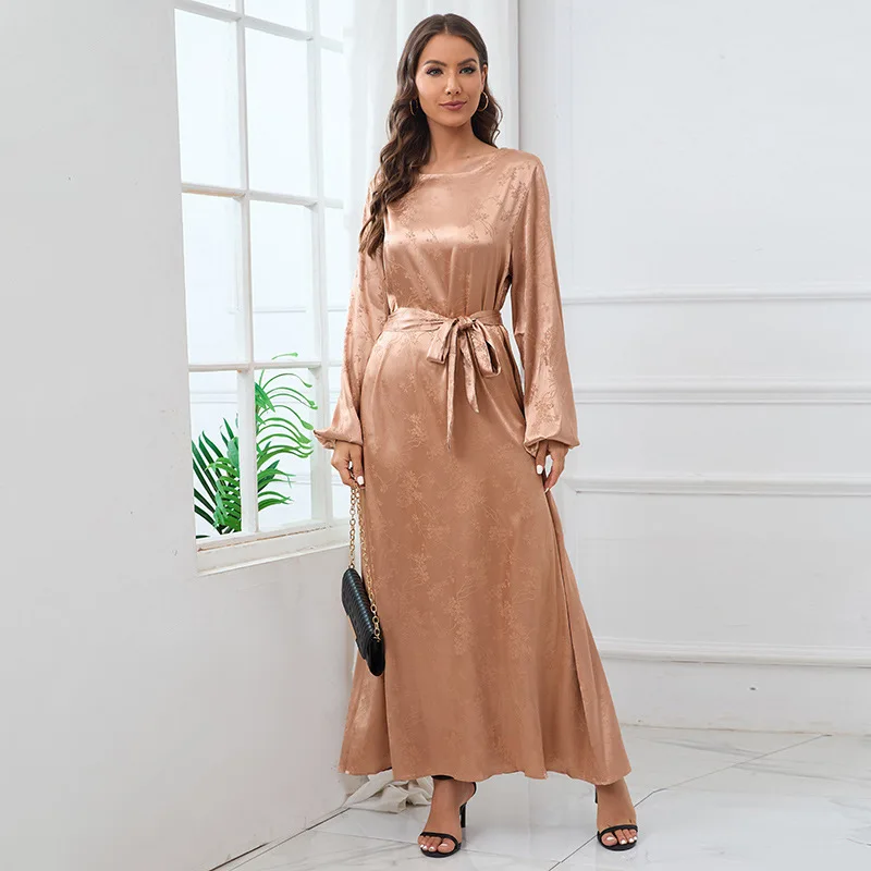 

Modest Women Belted Dress Solid Satin Prayer Robe Kaftan Long Sleeve Arab Oman Moroccan Caftan Eid Robes al Adha Muslim Dresses