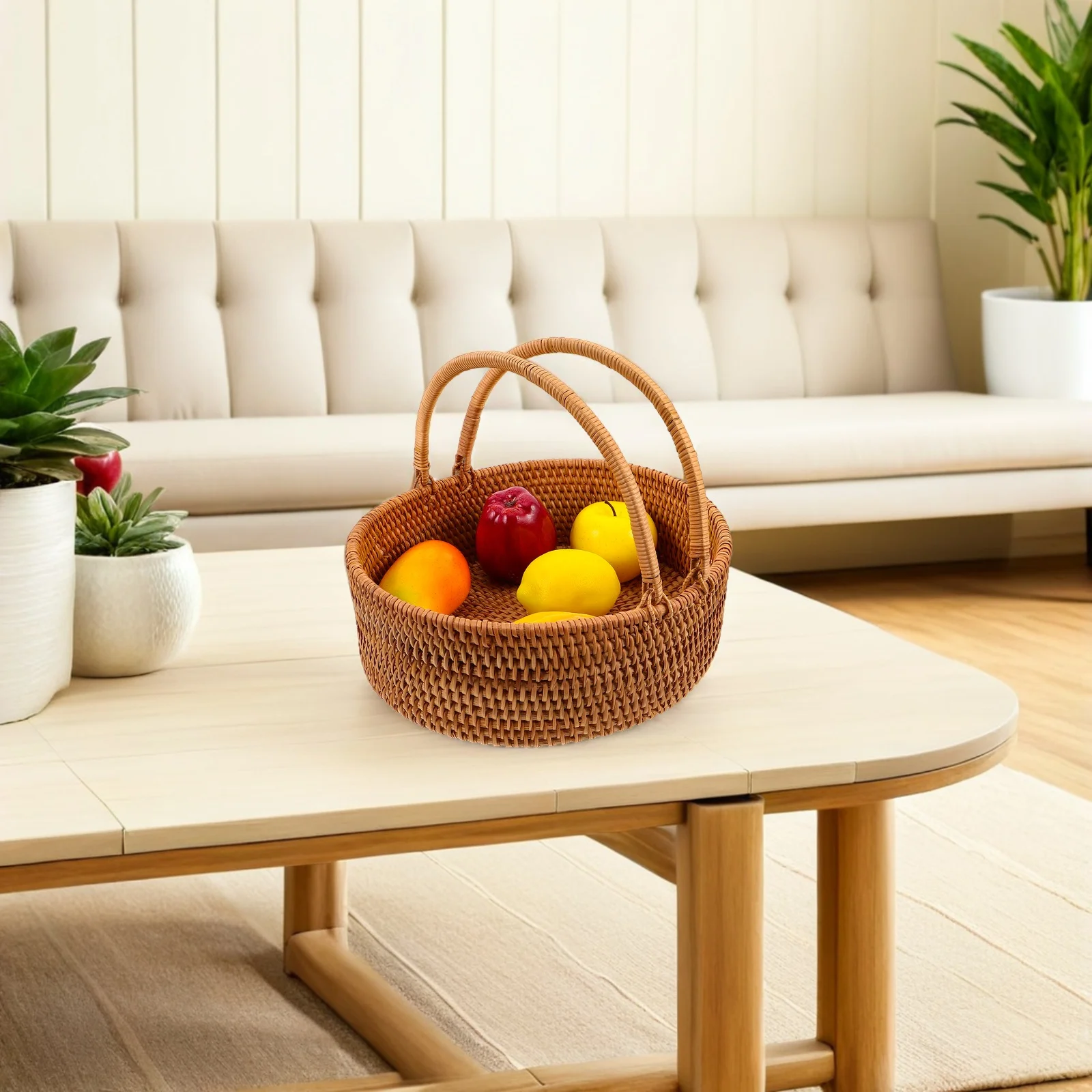 

Large Light Brown Rattan Basket Hand Woven Fruit Storage Organizer Kitchen Picnic Outdoor Vegetable Snacks Harvest