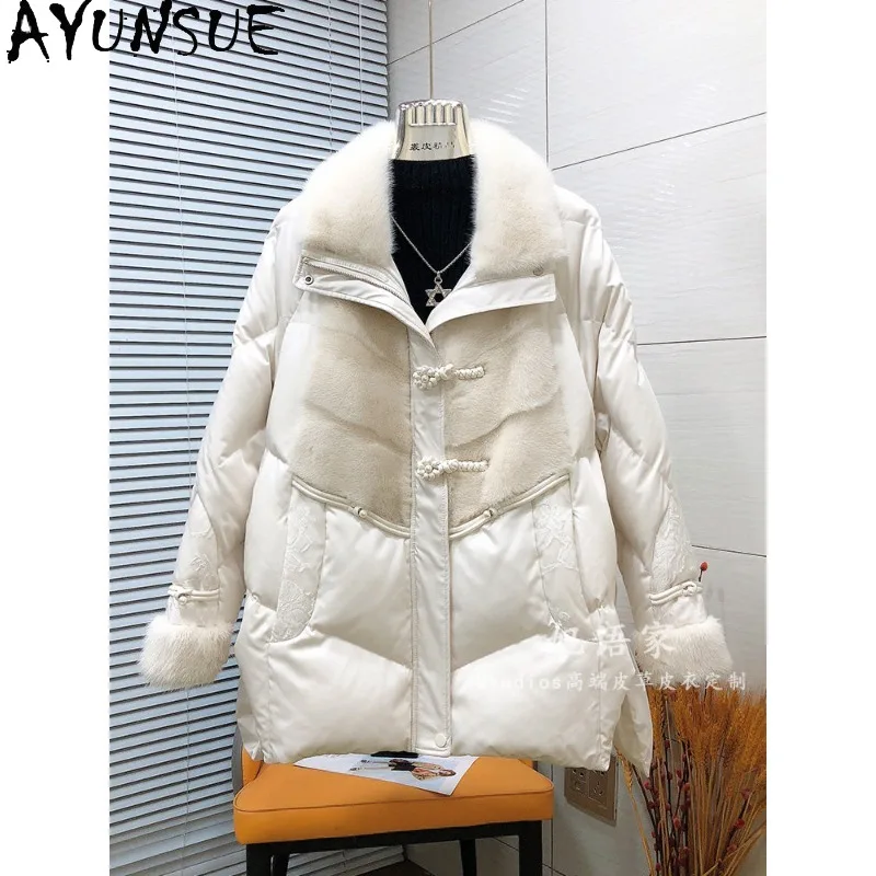 AYUNSUE Women's Goose Down Jackets Mulberry Silk Jacquard Winter Coat Chinese Style Mink Fur Down Jacket Woman Clothes Пуховик