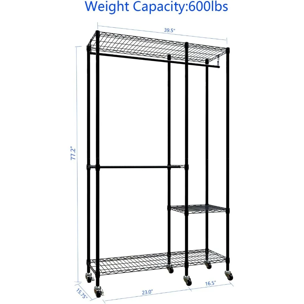 Sturdy Adjustable Rolling Garment Rack with Lockable Wheels, Metal Wire Clothes Organizer, Freestanding