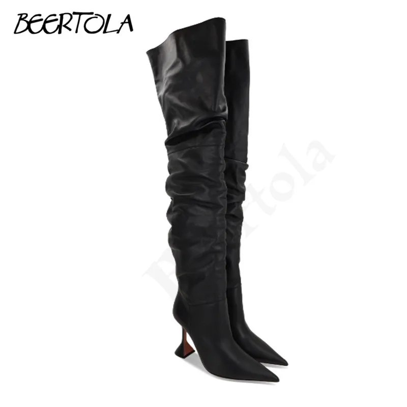 

Pleated Crystal Heel High Heel Boots Black Pointed Solid Color Over The Knee Boots Fashionable Large Size Sexy Women's Boots