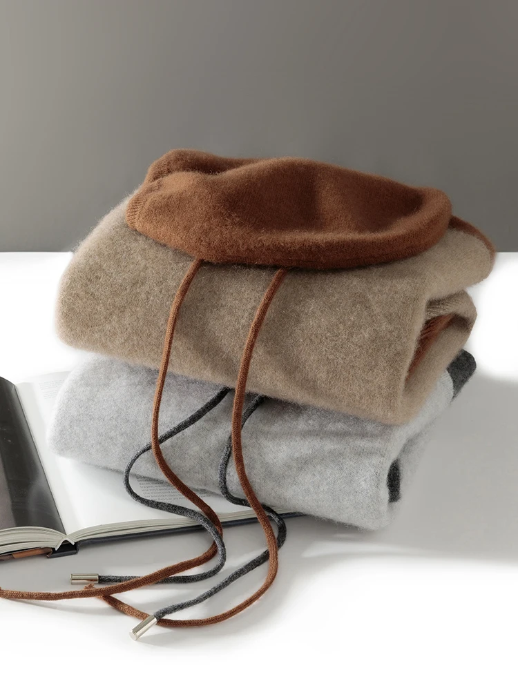 CHICUU Men's 100% Cashmere Hoodie Pullover Pants Set Autumn Winter Thick Heavyweight Cashmere Knit Sweater Jumper Trousers Suit