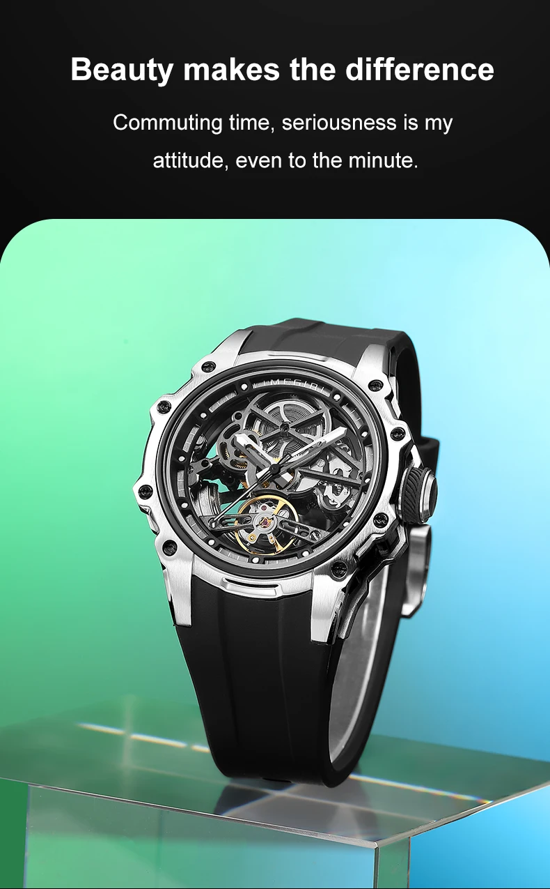 MEGIR Skeleton Dial Automatische Mechanische Uhr Männer Edelstahl Gehäuse Wasserdicht Leuchtende Sport Armbanduhr mit Silikon Armband – Detail 9